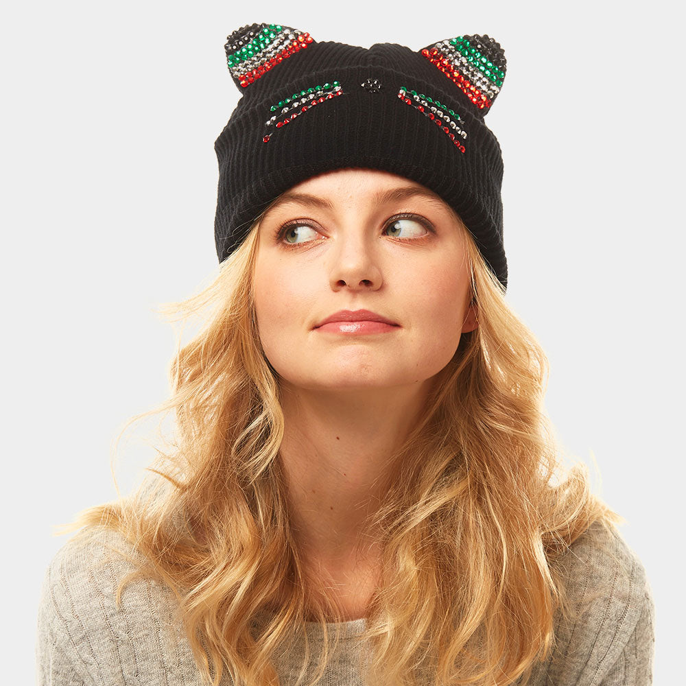 HATEGORY Crystal Embellished Cat Ear Beanie Hat