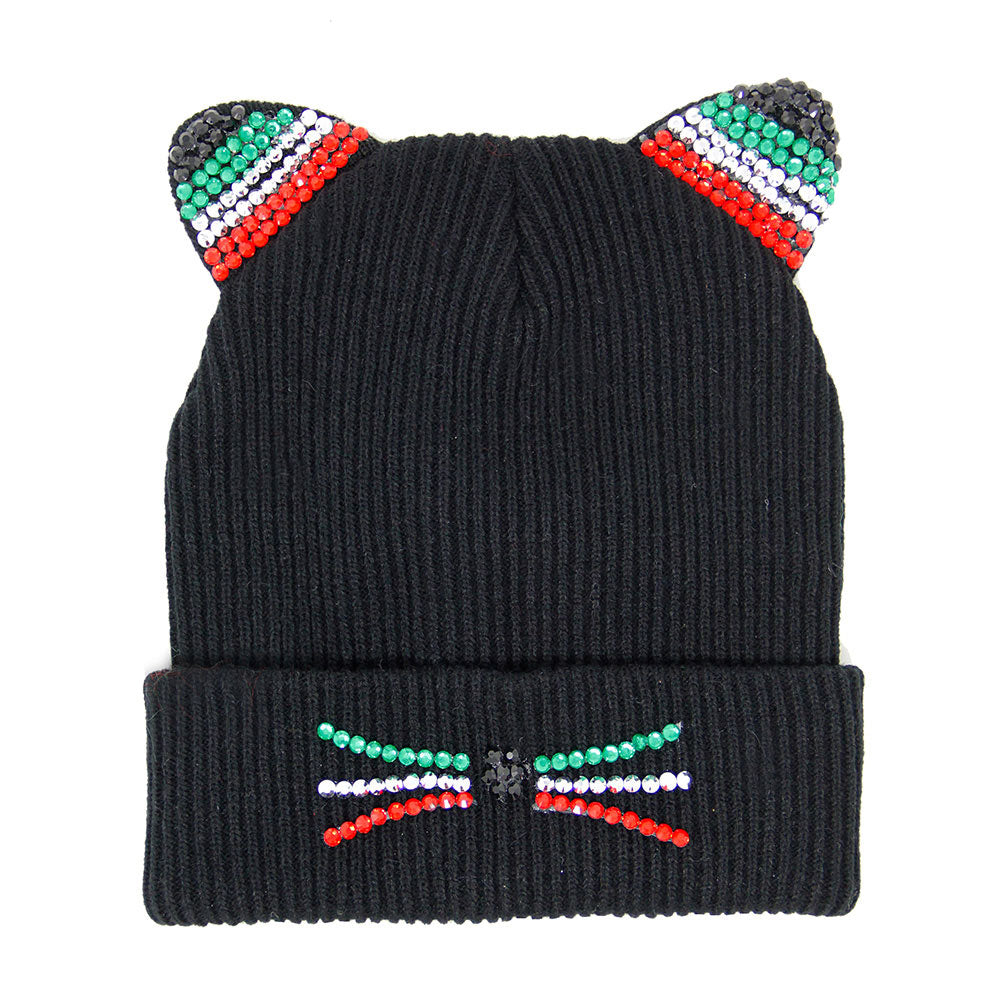 HATEGORY Crystal Embellished Cat Ear Beanie Hat