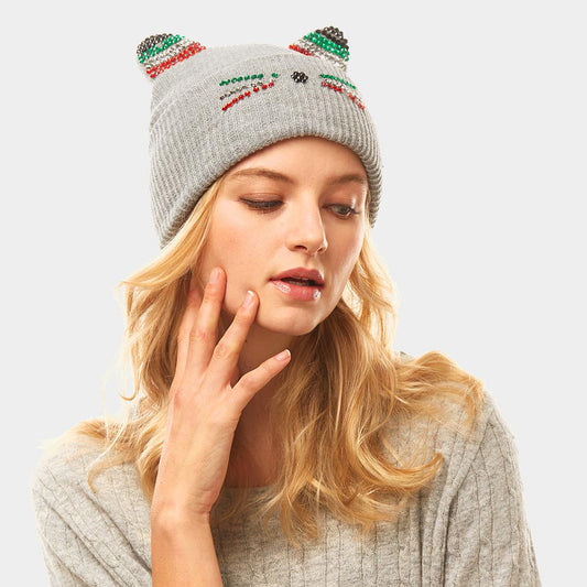 HATEGORY Crystal Embellished Cat Ear Beanie Hat