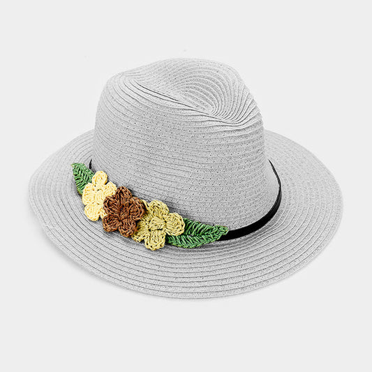 HATEGORY Triple Flower Trim Straw Fedora Hat
