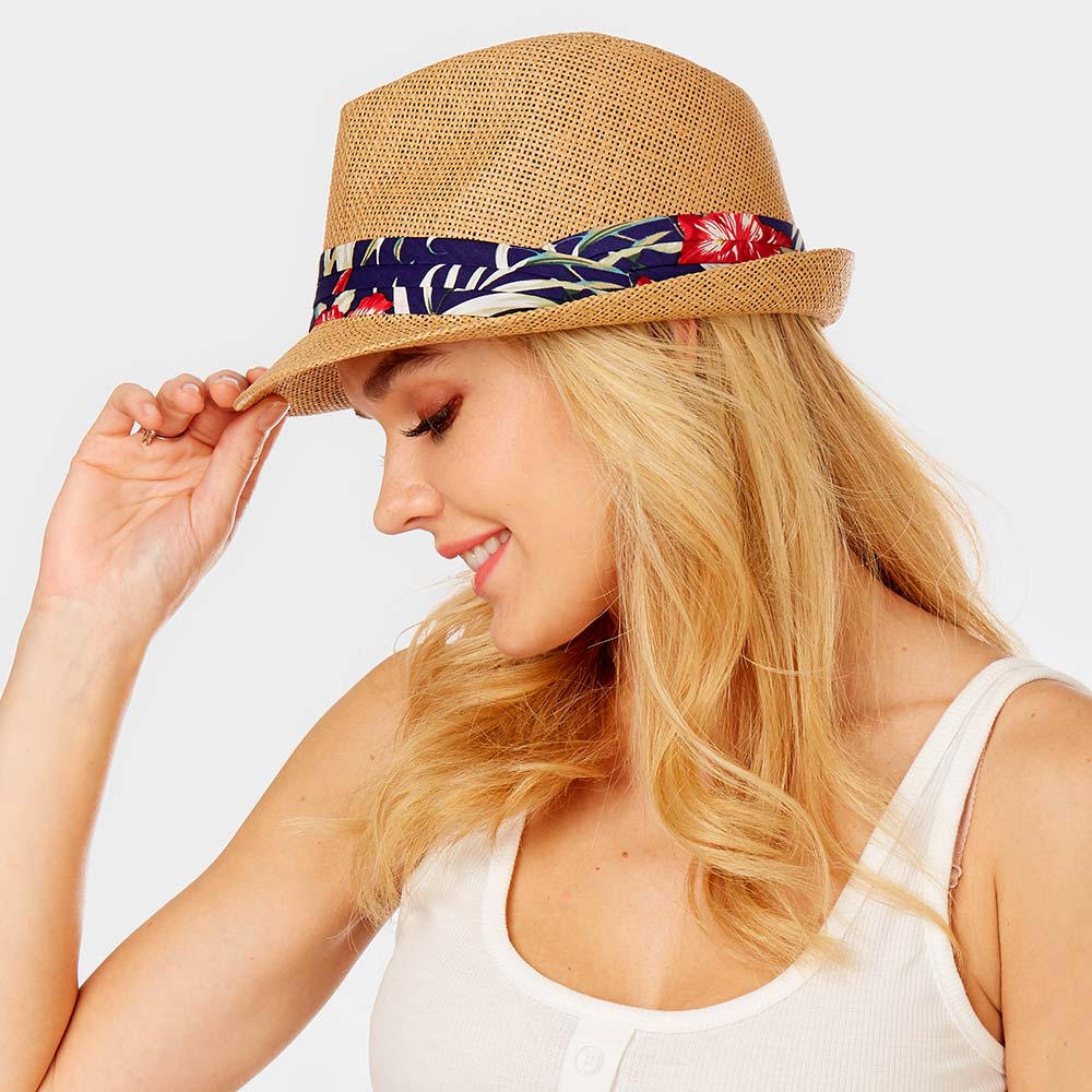 HATEGORY Tropical Leaves Print Band Summer Straw Fedora Hat