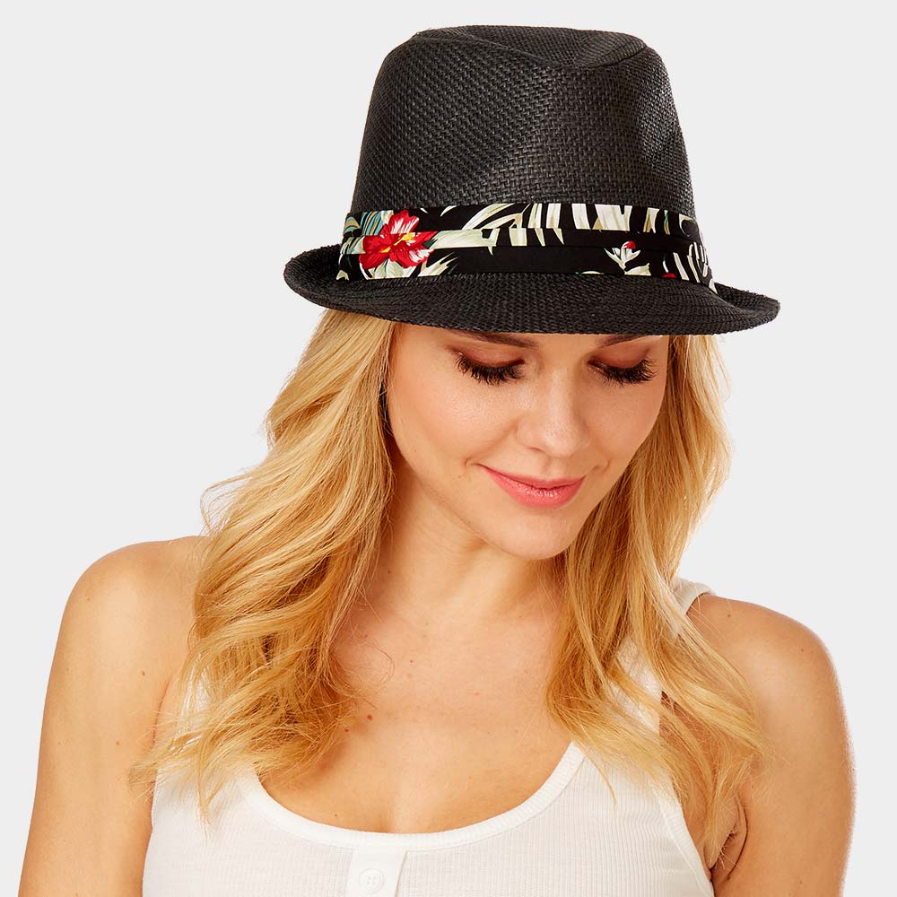 HATEGORY Tropical Leaves Print Band Summer Straw Fedora Hat