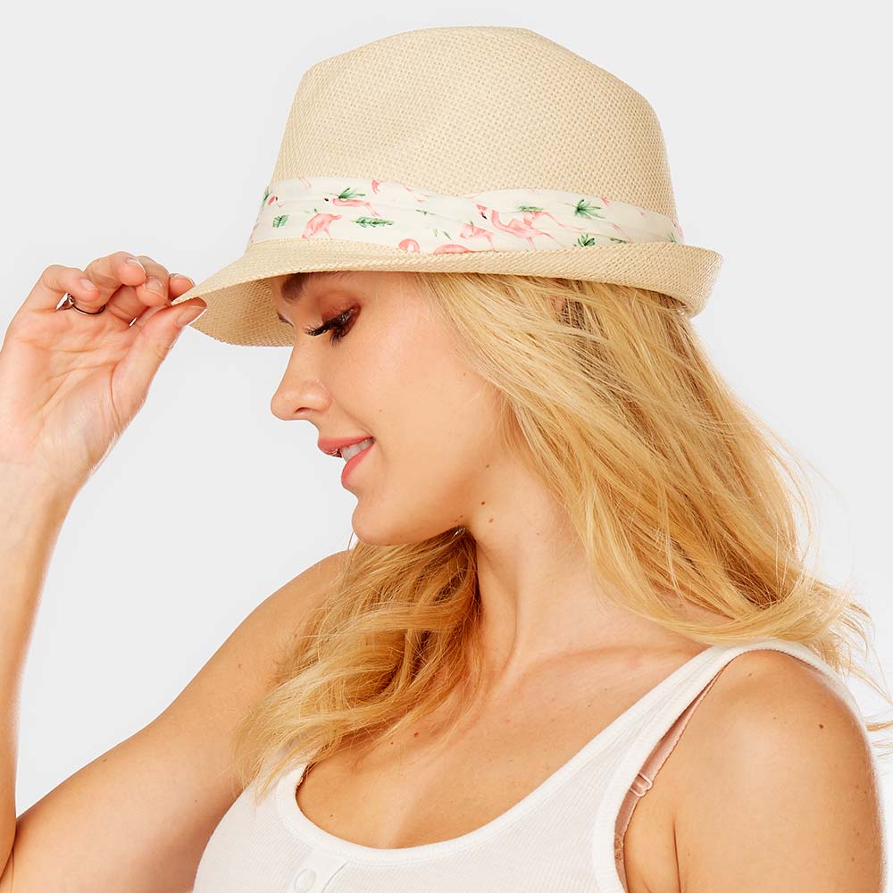HATEGORY Flamingo Print Band Summer Straw Fedora Hat