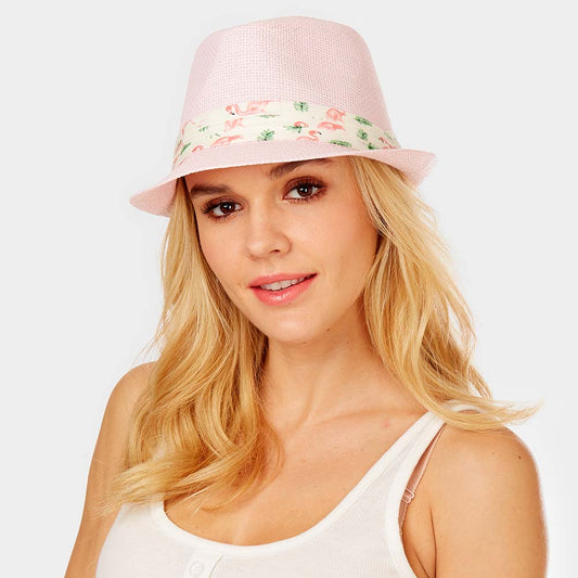 HATEGORY Flamingo Print Band Summer Straw Fedora Hat
