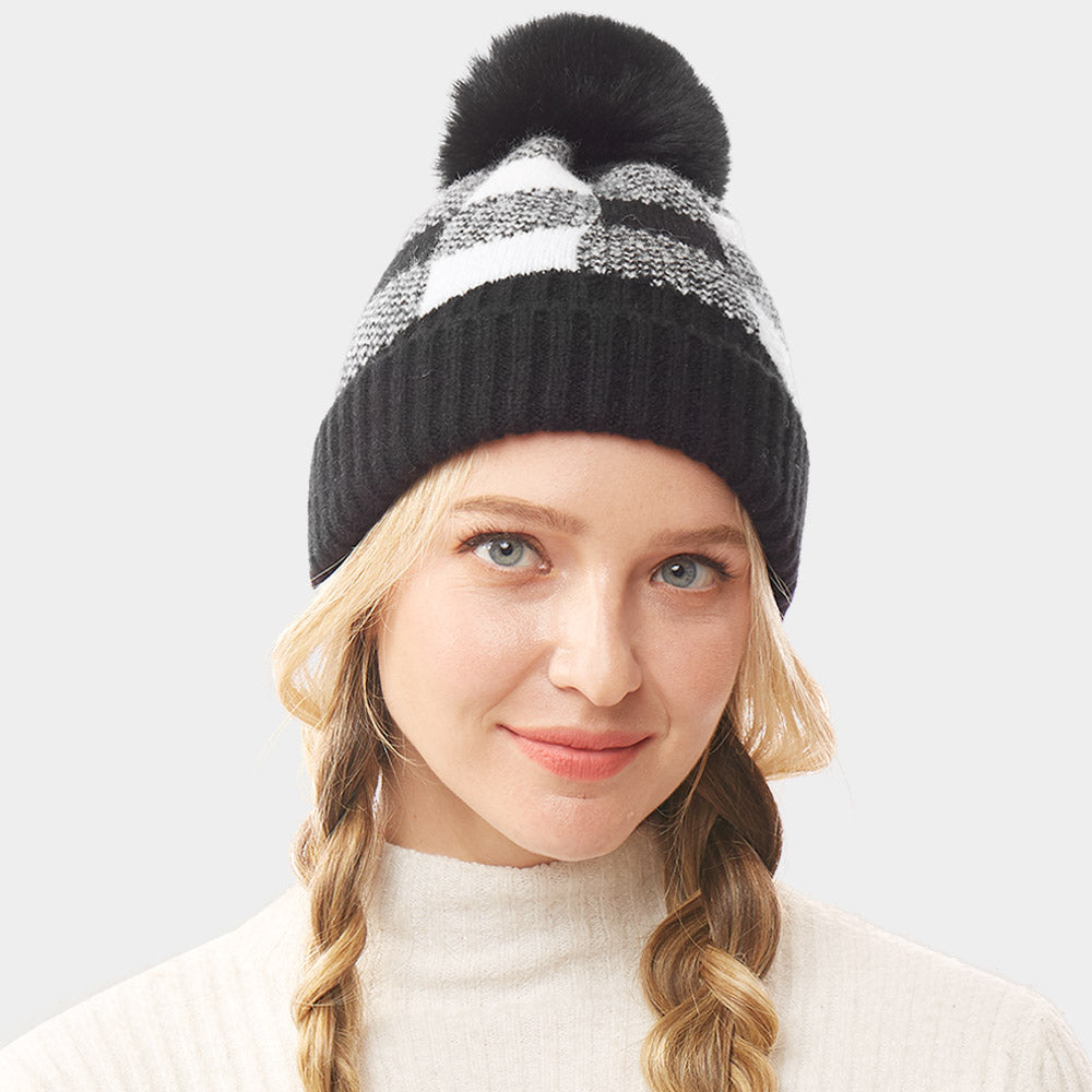 HATEGORY Buffalo Check Knit Pom Pom Beanie Hat