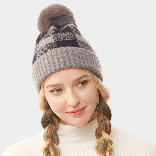 HATEGORY Buffalo Check Knit Pom Pom Beanie Hat