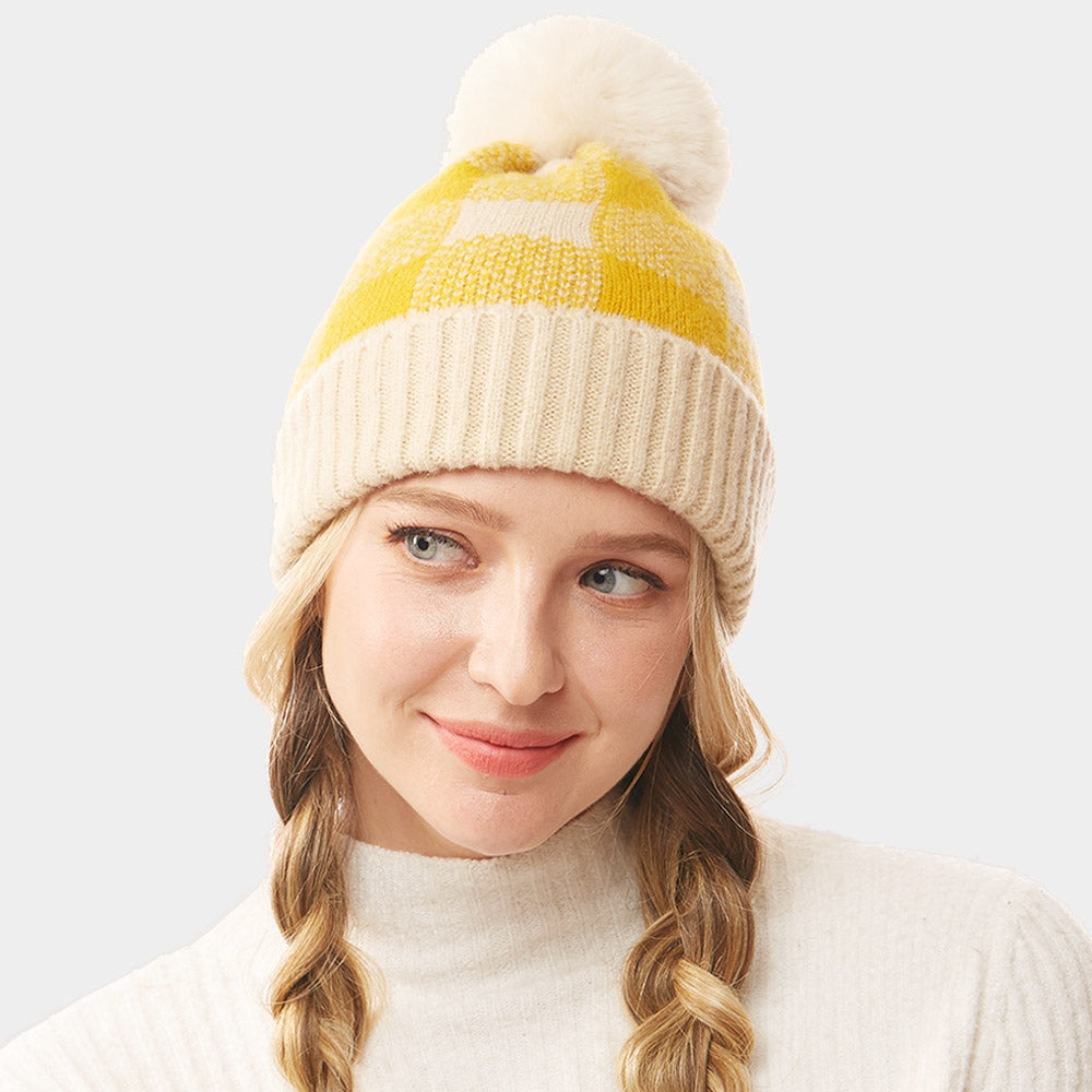 HATEGORY Buffalo Check Knit Pom Pom Beanie Hat