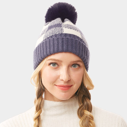 HATEGORY Buffalo Check Knit Pom Pom Beanie Hat