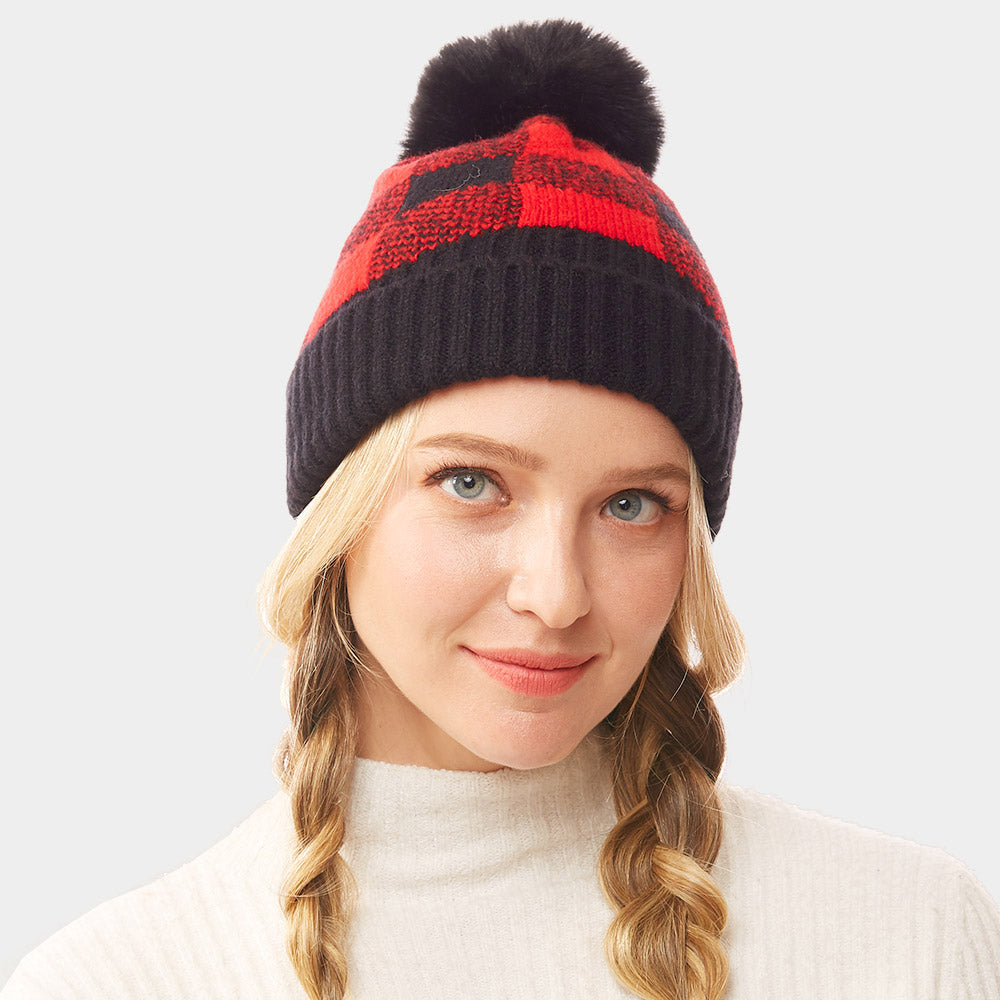 HATEGORY Buffalo Check Knit Pom Pom Beanie Hat