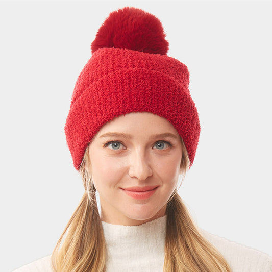 HATEGORY Solid Pom Pom Soft Fluffy Beanie Hat