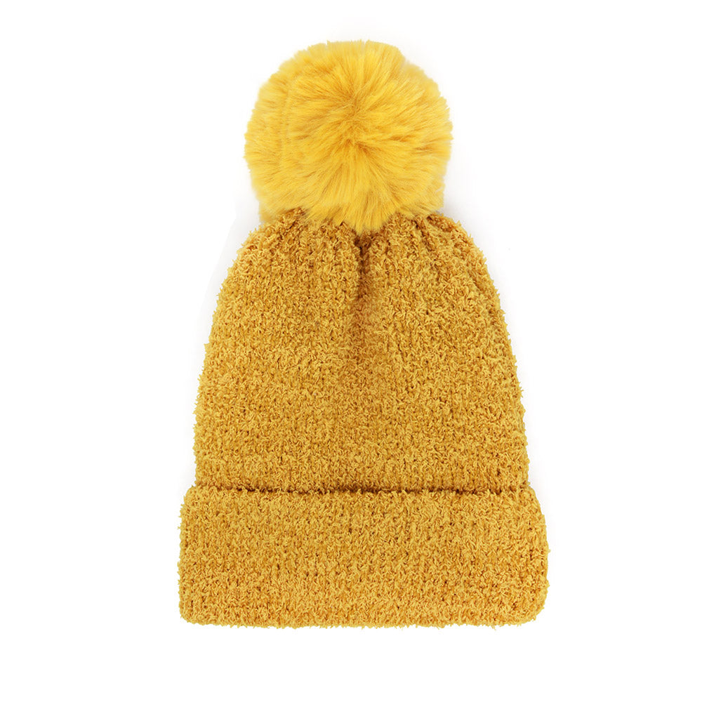 HATEGORY Solid Pom Pom Soft Fluffy Beanie Hat