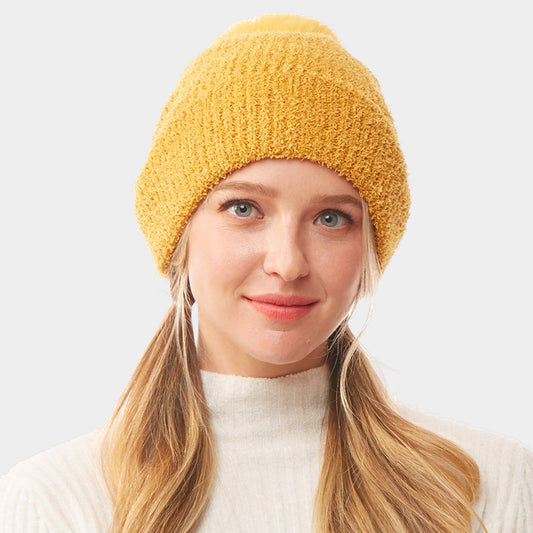 HATEGORY Solid Pom Pom Soft Fluffy Beanie Hat