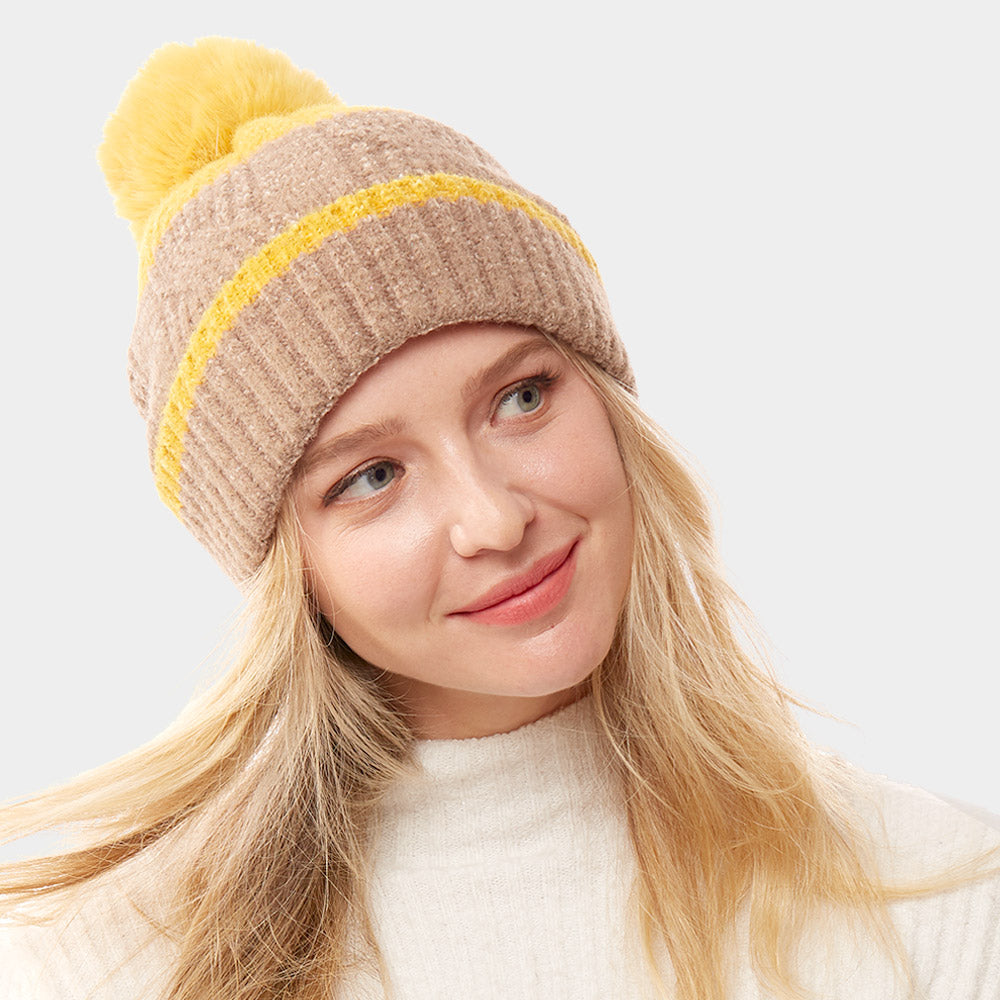HATEGORY Colorful Lurex Accented Two Tone Knit Pom Pom Beanie Hat