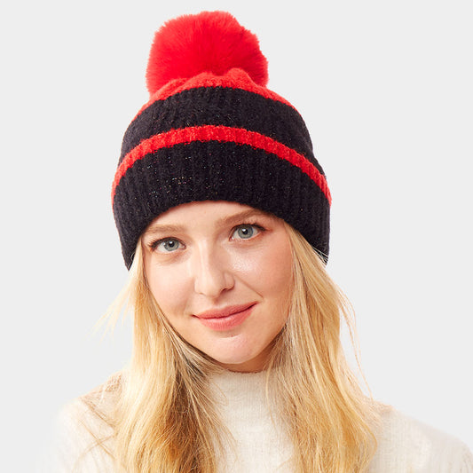 HATEGORY Colorful Lurex Accented Two Tone Knit Pom Pom Beanie Hat