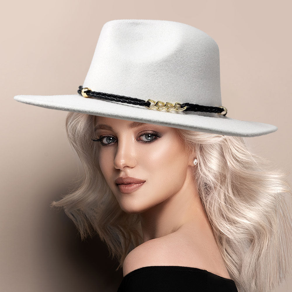 HATEGORY Faux Leather Chain Link Pointed Felt Rancher Panama Hat