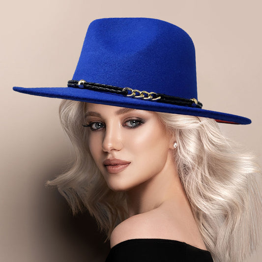 HATEGORY Faux Leather Chain Link Pointed Felt Rancher Panama Hat