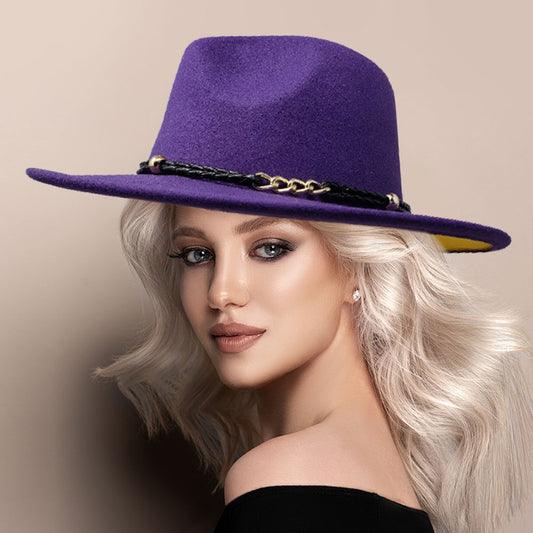 HATEGORY Faux Leather Chain Link Pointed Felt Rancher Panama Hat