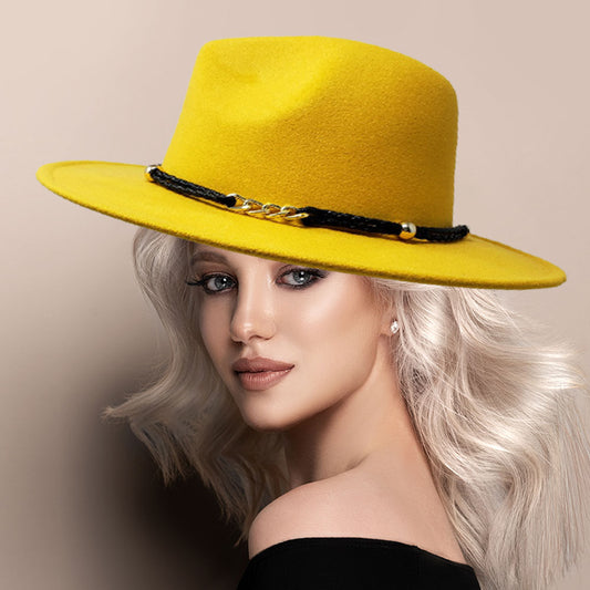 HATEGORY Faux Leather Chain Link Pointed Felt Rancher Panama Hat
