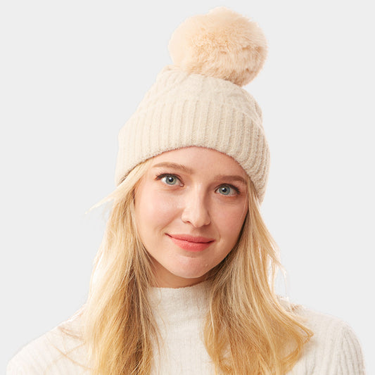 HATEGORY Lurex Accented Solid Cable Knitted Pom Pom Beanie Hat