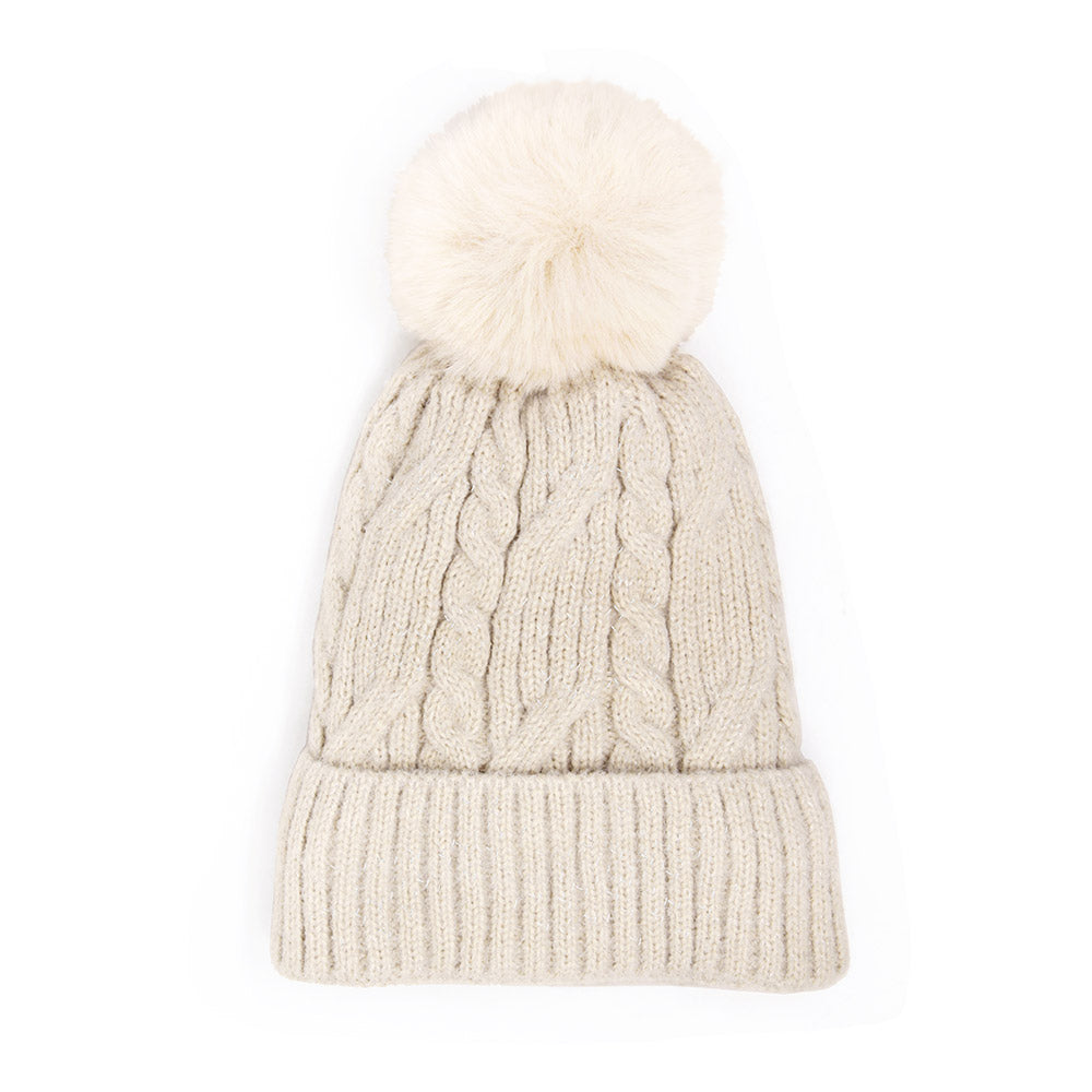HATEGORY Lurex Accented Solid Cable Knitted Pom Pom Beanie Hat