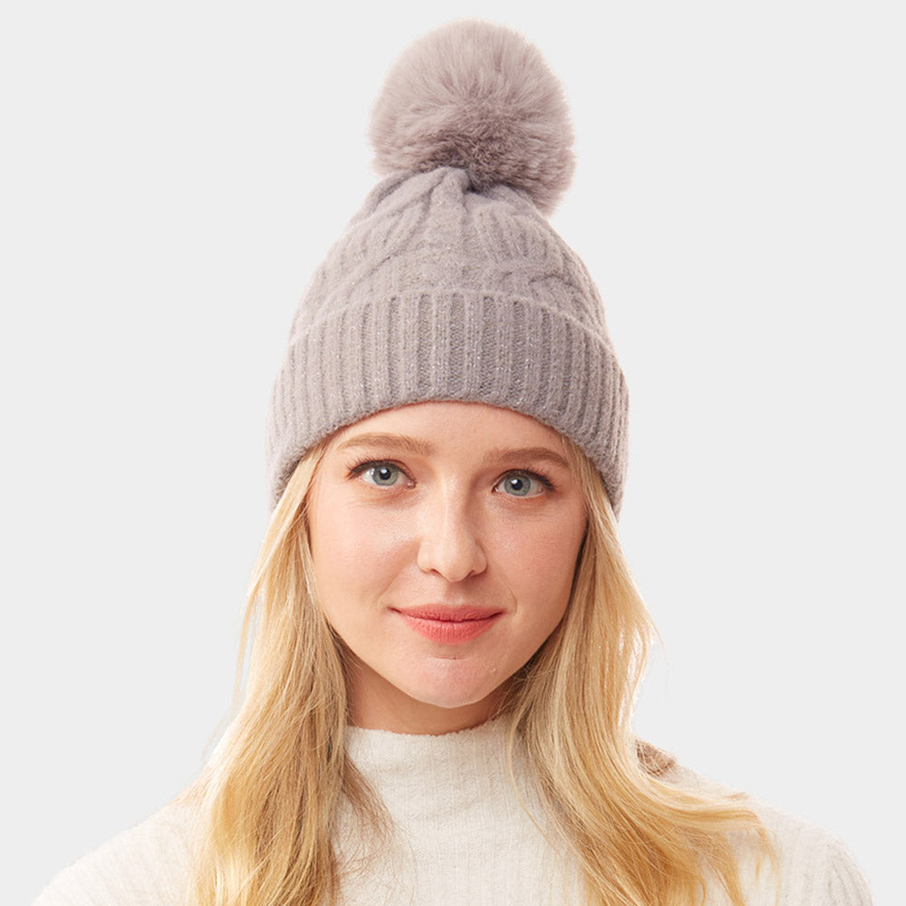 HATEGORY Lurex Accented Solid Cable Knitted Pom Pom Beanie Hat