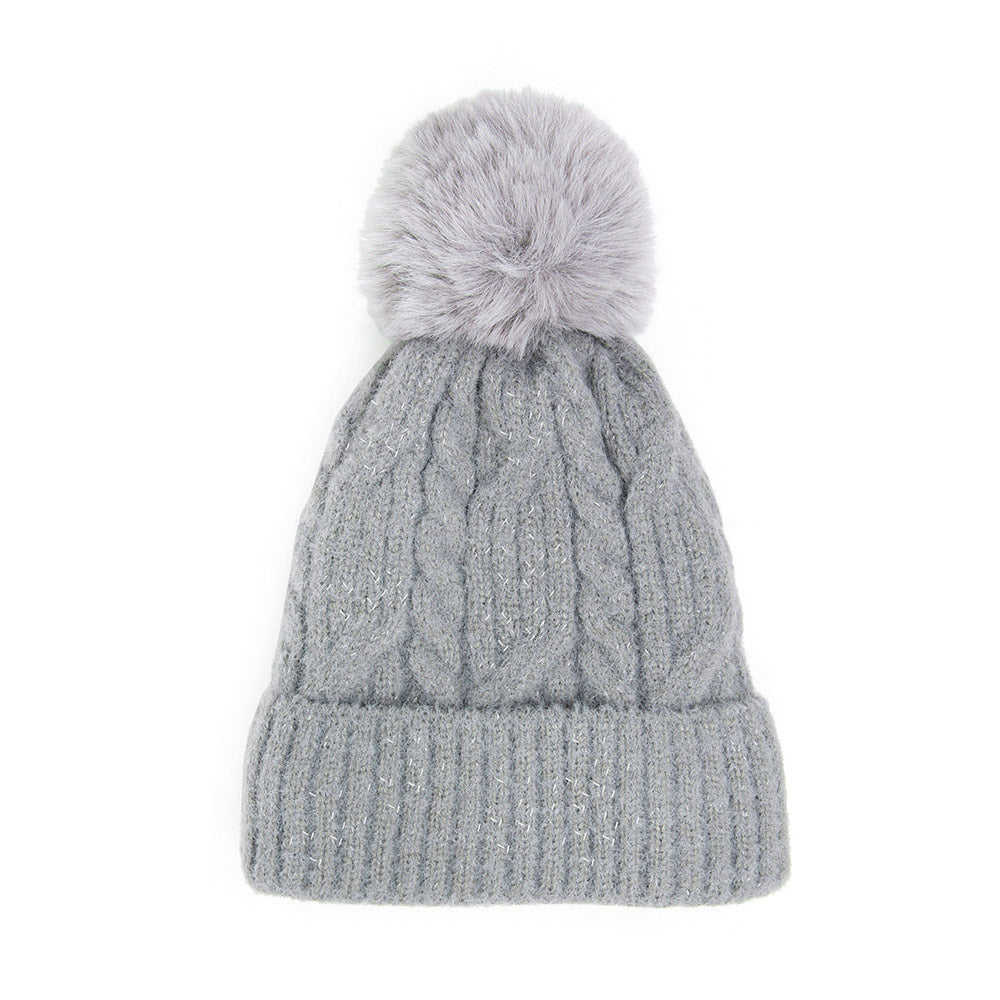 HATEGORY Lurex Accented Solid Cable Knitted Pom Pom Beanie Hat