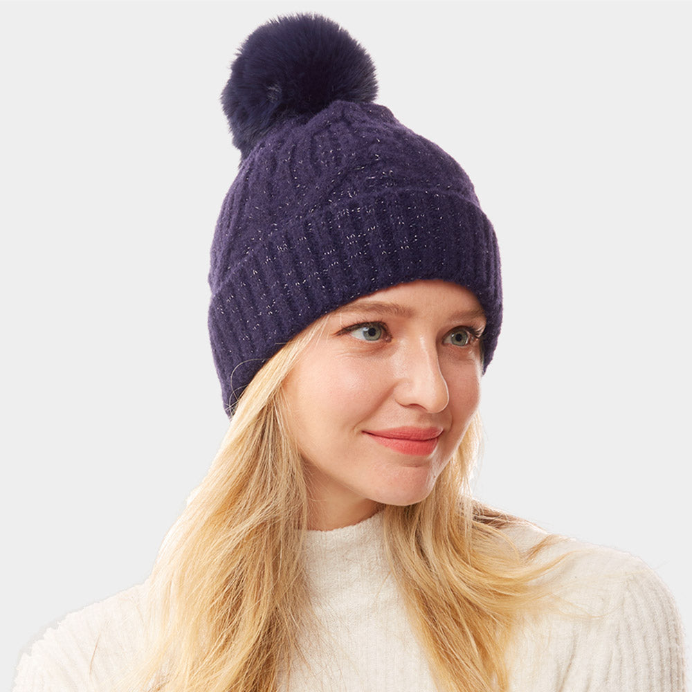 HATEGORY Lurex Accented Solid Cable Knitted Pom Pom Beanie Hat