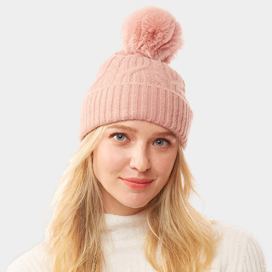 HATEGORY Lurex Accented Solid Cable Knitted Pom Pom Beanie Hat