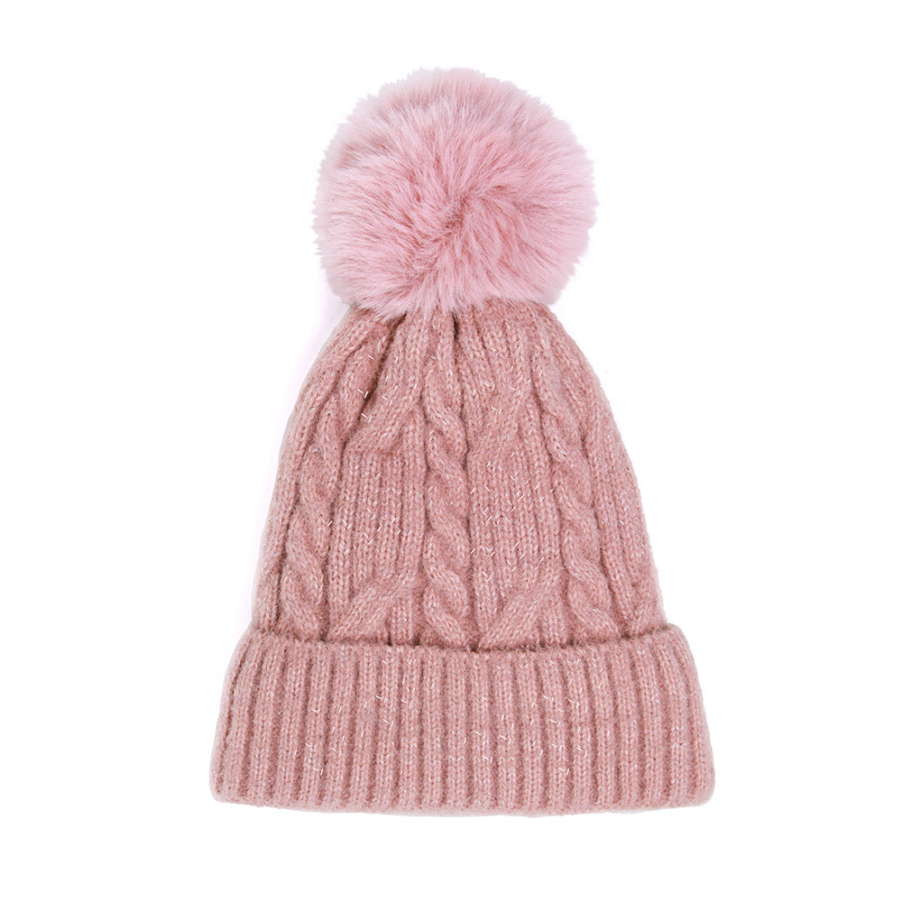 HATEGORY Lurex Accented Solid Cable Knitted Pom Pom Beanie Hat