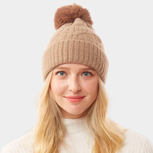 HATEGORY Lurex Accented Solid Cable Knitted Pom Pom Beanie Hat