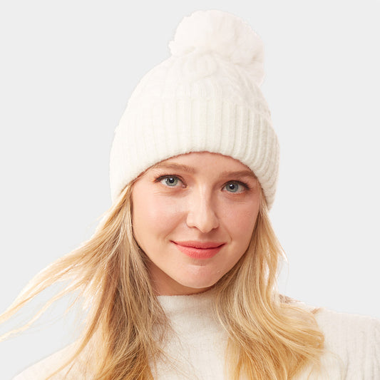 HATEGORY Lurex Accented Solid Cable Knitted Pom Pom Beanie Hat