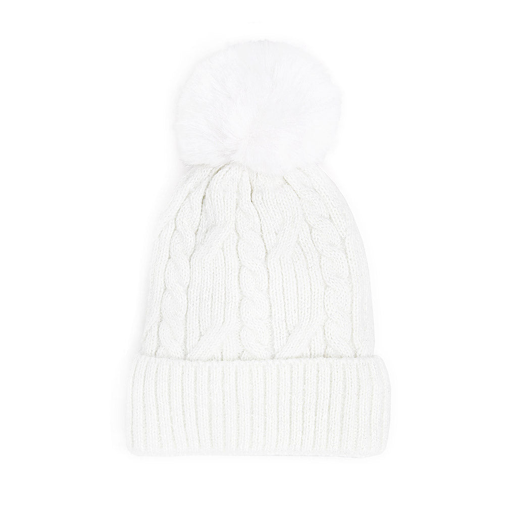 HATEGORY Lurex Accented Solid Cable Knitted Pom Pom Beanie Hat