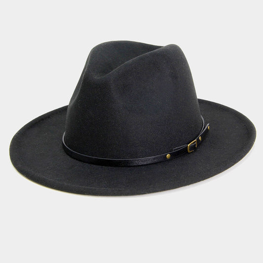HATEGORY Faux Leather Band Detailed Solid Felt Panama Hat