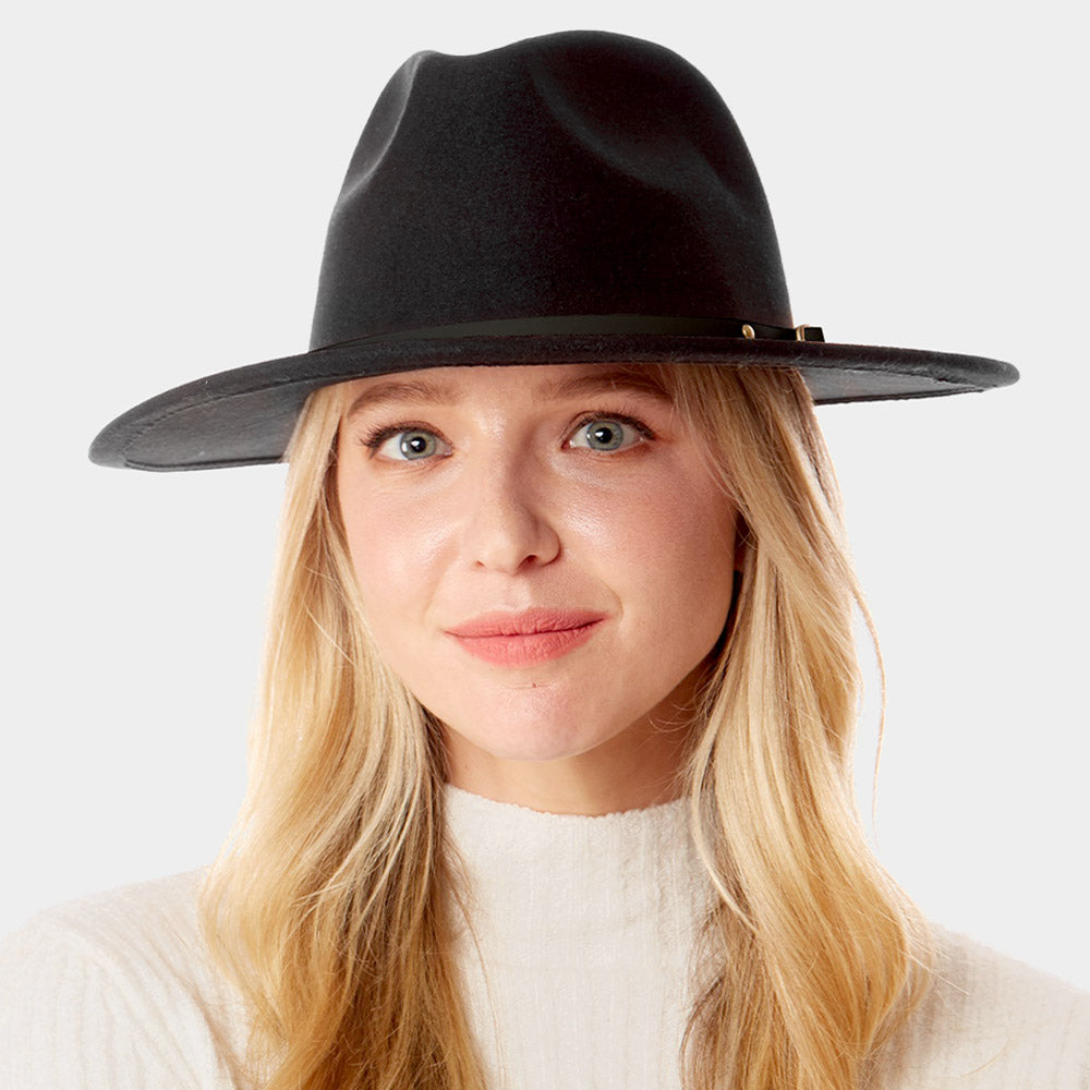 HATEGORY Faux Leather Band Detailed Solid Felt Panama Hat
