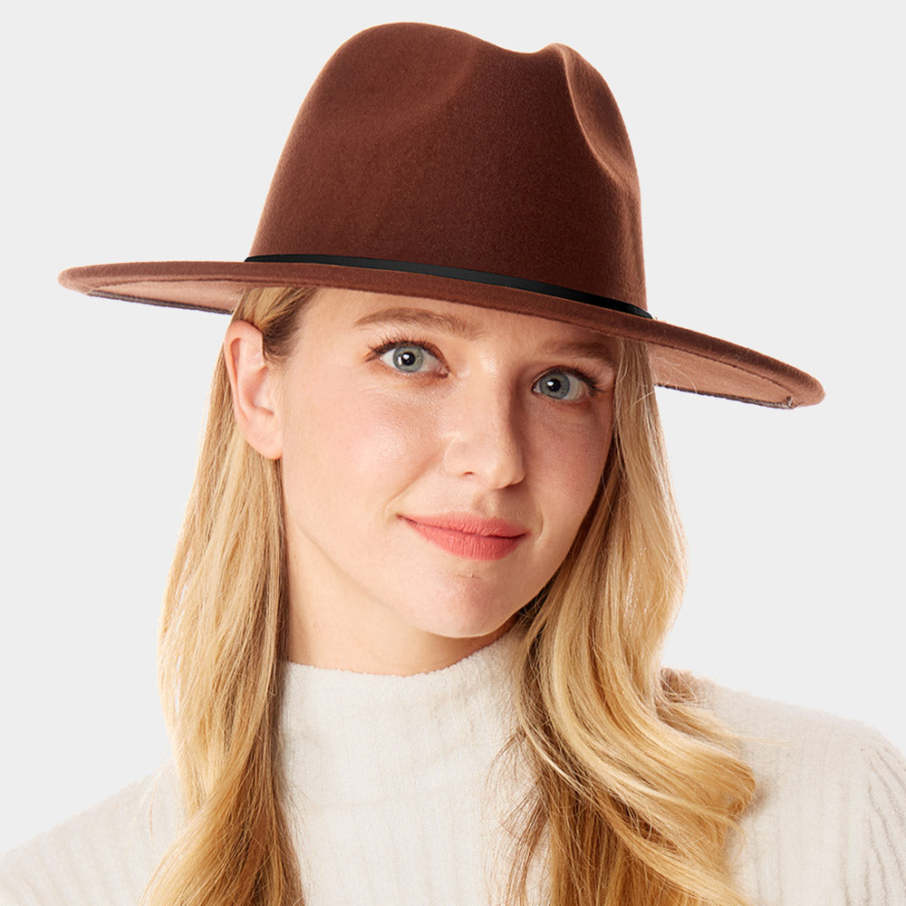HATEGORY Faux Leather Band Detailed Solid Felt Panama Hat