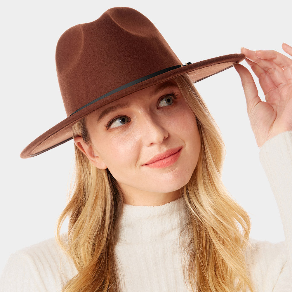 HATEGORY Faux Leather Band Detailed Solid Felt Panama Hat