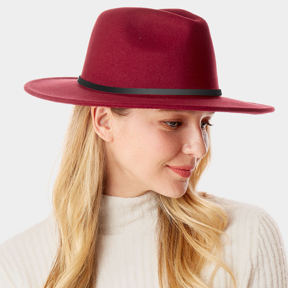 HATEGORY Faux Leather Band Detailed Solid Felt Panama Hat