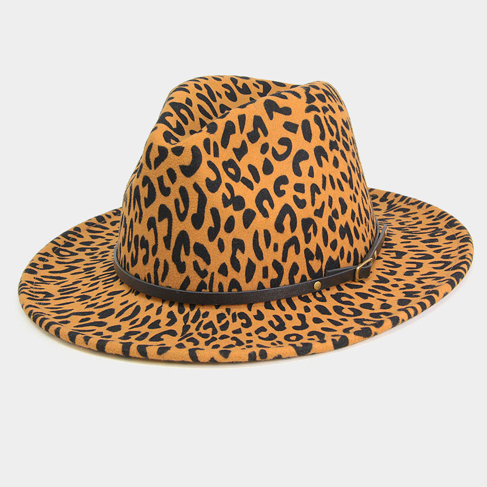 HATEGORY Faux Leather Band Detailed Leopard Patterned Panama Hat