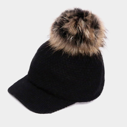 HATEGORY Knitted Real Fox Pom Pom Baseball Cap
