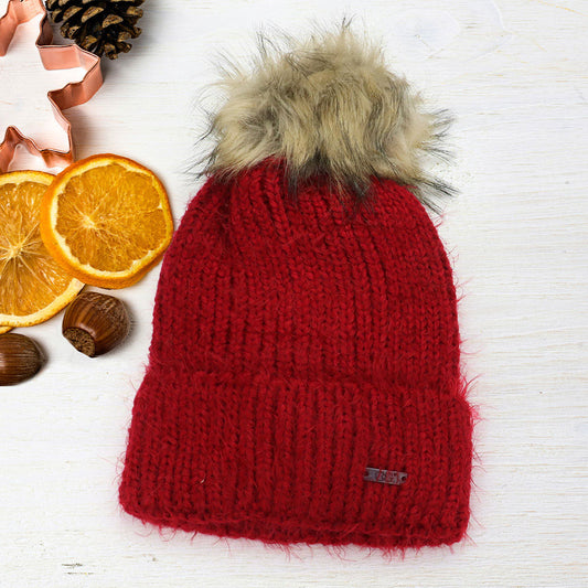 HATEGORY Faux Fur Pom Pom Cuffed Single Layered Beanie Hat