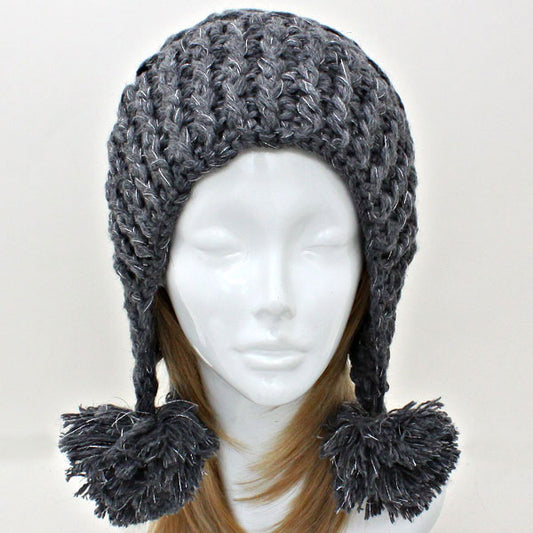 HATEGORY Shimmering Pom Pom Earflap Beanie