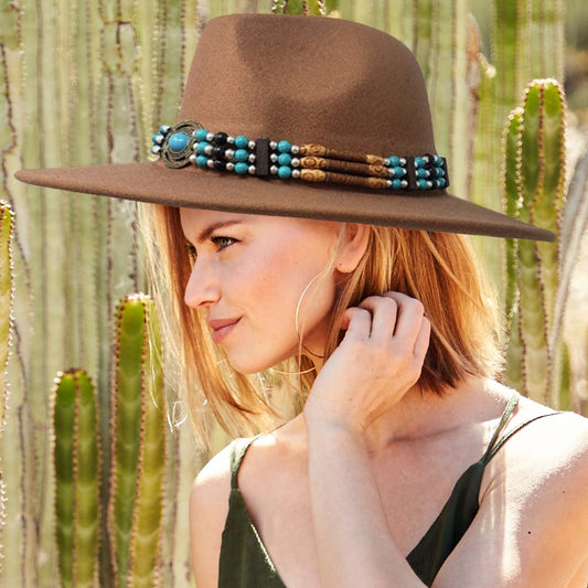 HATEGORY Boho Turquoise Wood Beaded Band Solid Panama Hat