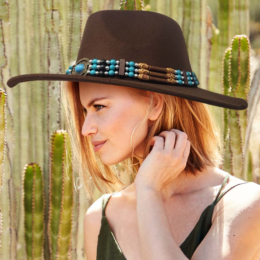 HATEGORY Boho Turquoise Wood Beaded Band Solid Panama Hat