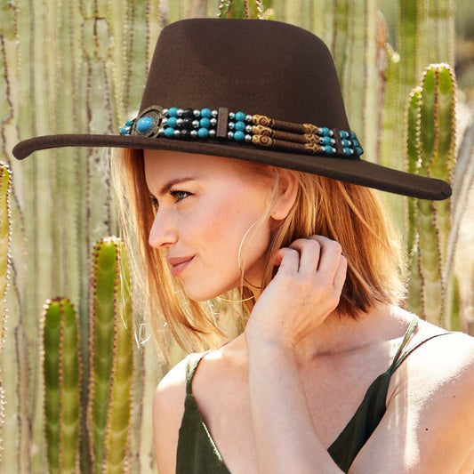 HATEGORY Boho Turquoise Wood Beaded Band Solid Panama Hat