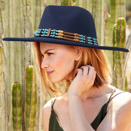 HATEGORY Boho Turquoise Wood Beaded Band Solid Panama Hat
