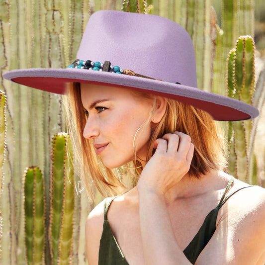 HATEGORY Boho Turquoise Wood Beaded Band Solid Panama Hat
