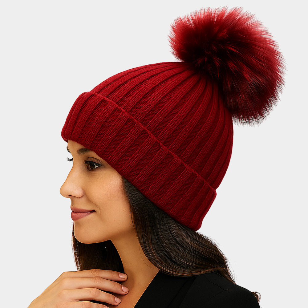 HATEGORY Knitted Fox Fur Pom Pom Winter Beanie Hat