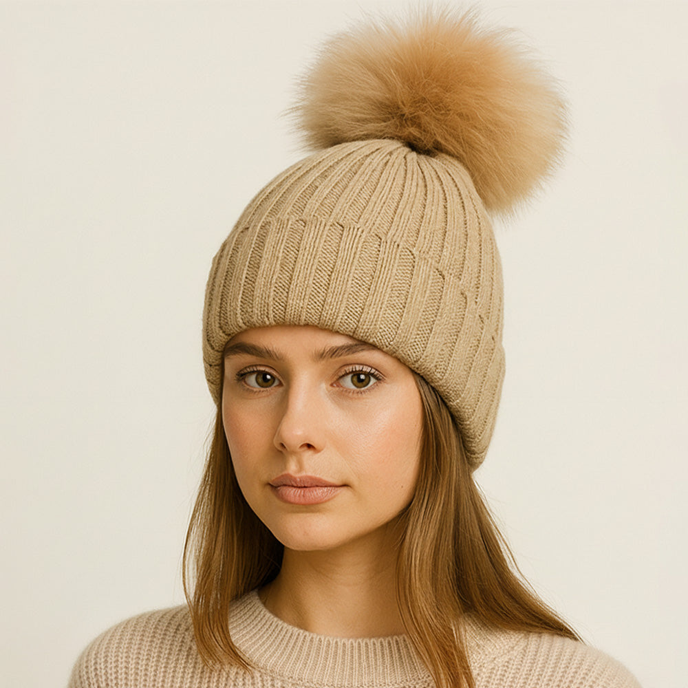 HATEGORY Knitted Fox Fur Pom Pom Winter Beanie Hat