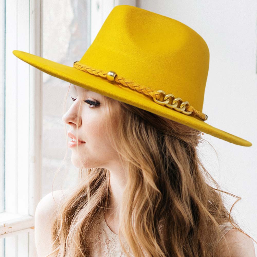 HATEGORY Braided Suede Linked Chain Band Solid Panama Hat