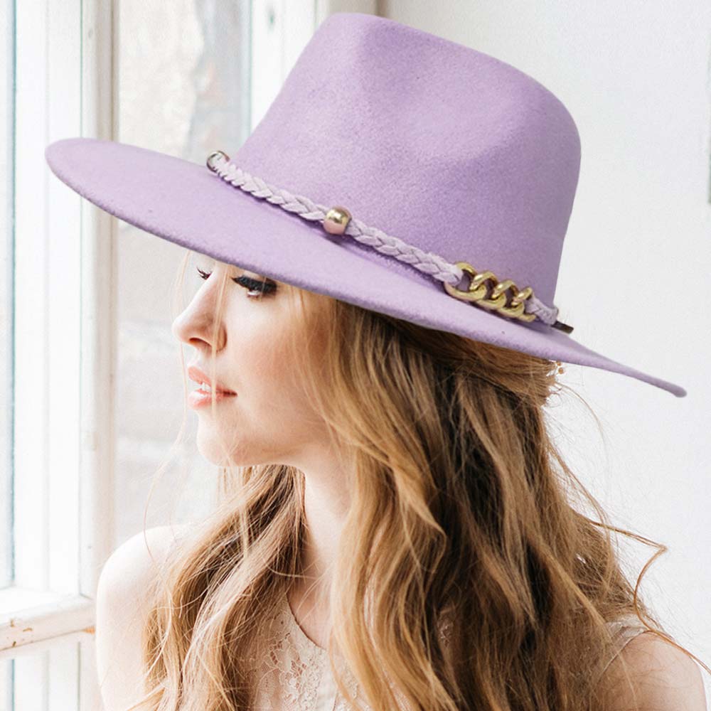 HATEGORY Braided Suede Linked Chain Band Solid Panama Hat